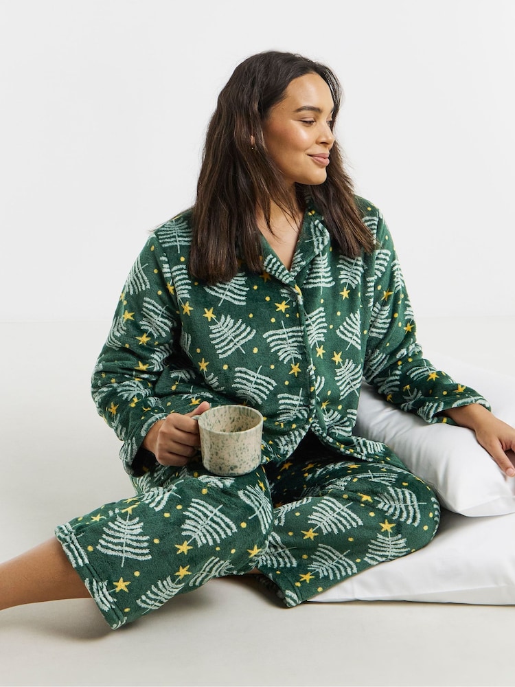 Simply Be Green Pretty Secrets Fleece Button Through Pyjamas Set - Image 1 of 4