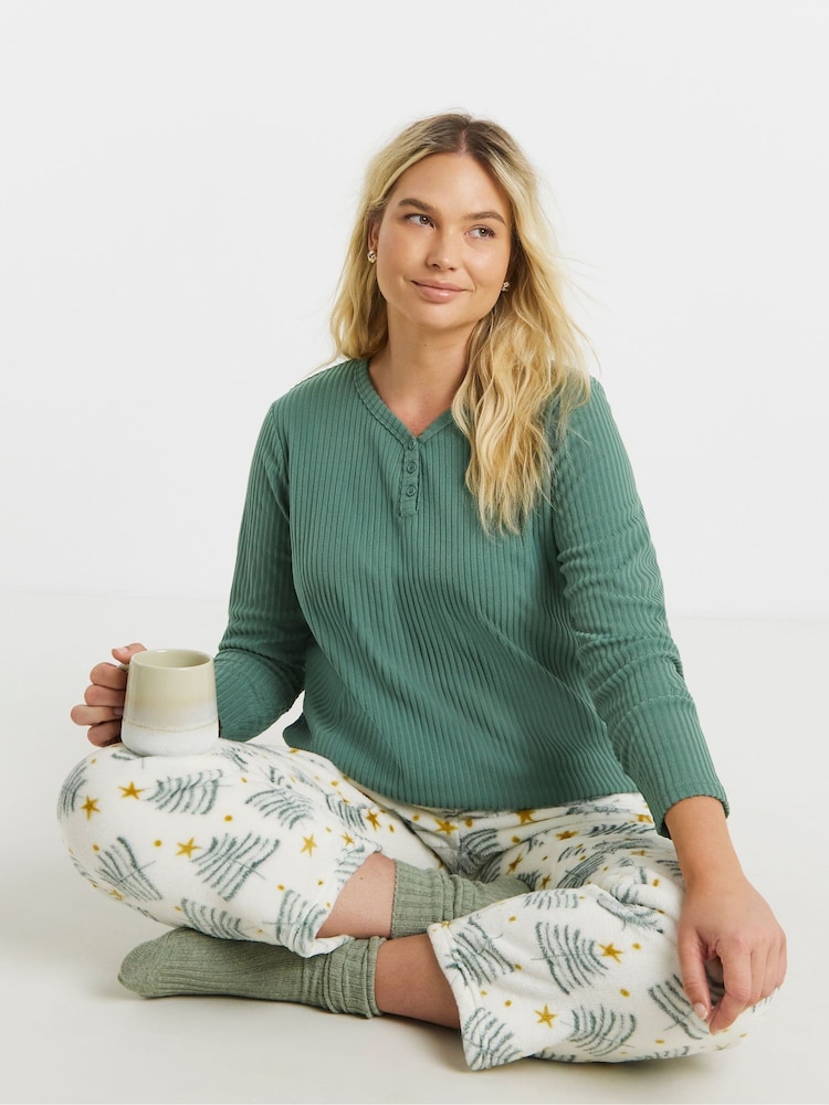 Simply Be Cream Pretty Secrets Fleece Henley Pyjamas Set - Image 1 of 4 Simply Be Cream Pretty Secrets Fleece Henley Pyjamas Set - Image 1 of 4