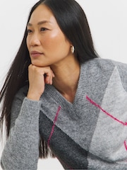 JD Williams Grey V-Neck Argyle Knitted Jumper With Wool - Image 3 of 4
