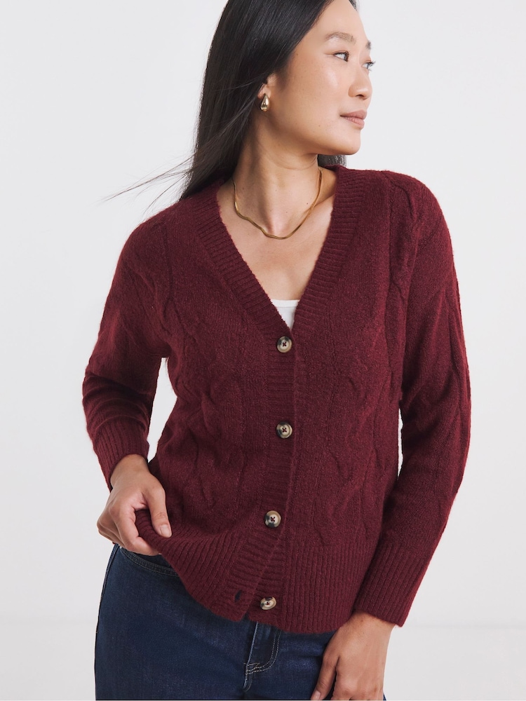 JD Williams Red Sponge Cable Knit V-Neck Cardigan - Image 1 of 4