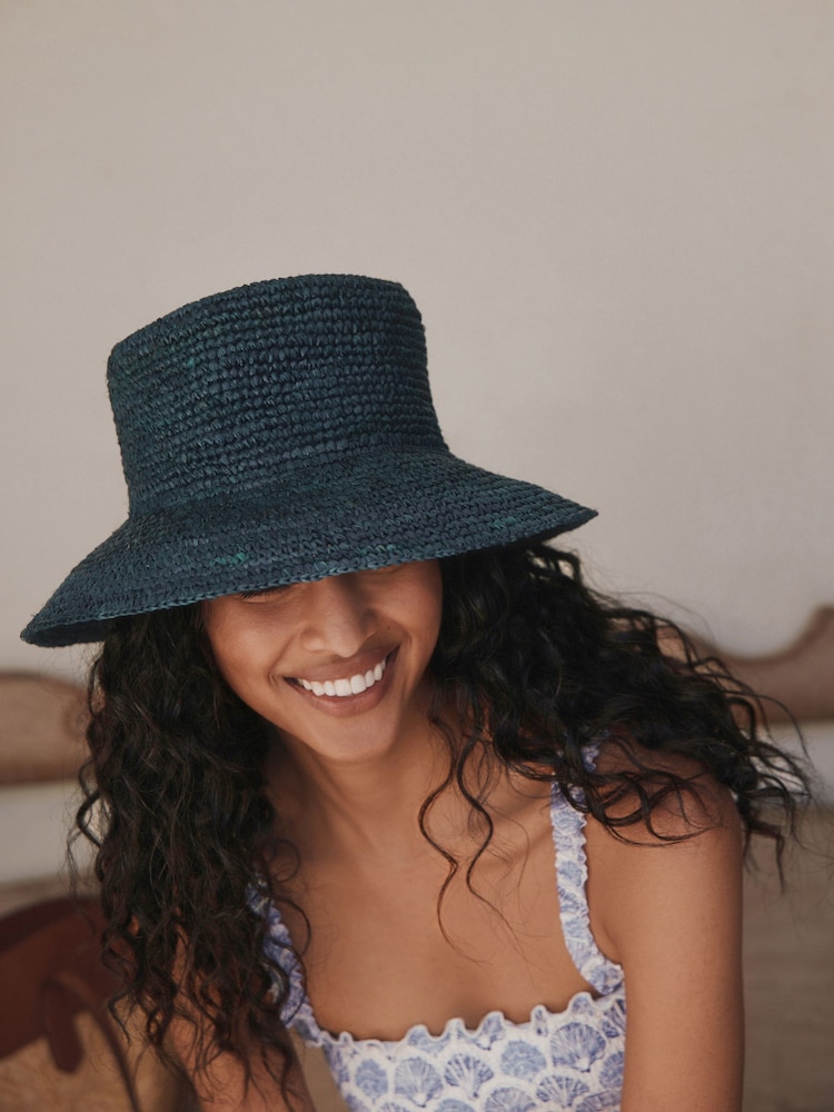 Navy Blue Straw Bucket Hat - Image 1 of 6