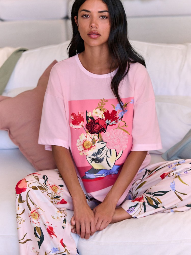 B by Ted Baker Pink Floral Cotton Viscose T-Shirt & Pyjamas Set - صورة 2 من 5