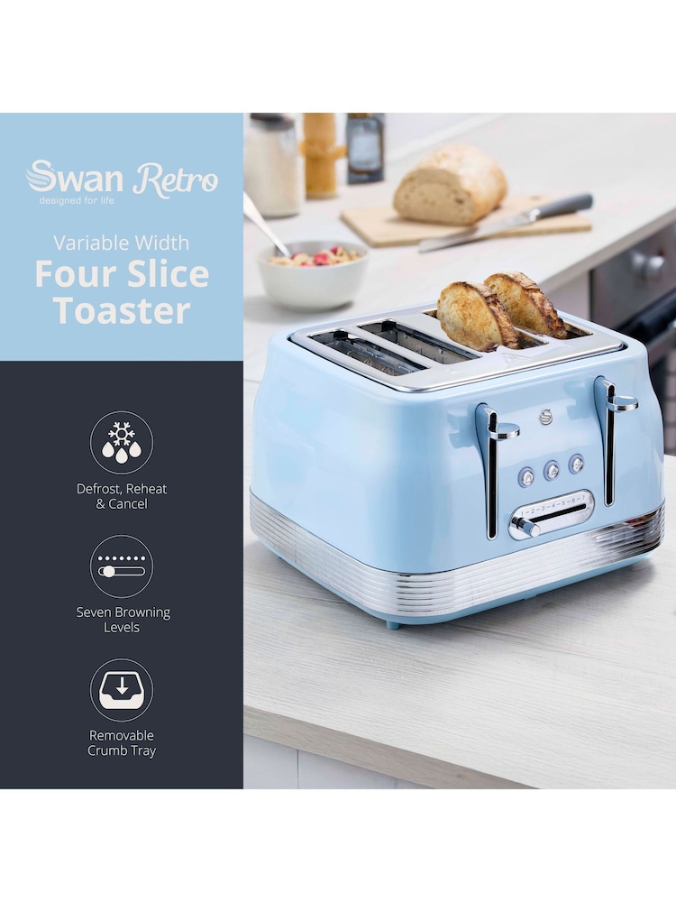 Swan Blue 1860W Retro 4 Slice Toaster - Image 2 of 8