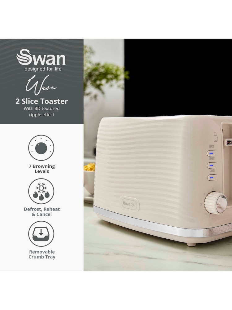 Swan Cream Wave 2-Slice Toaster - Image 2 of 7