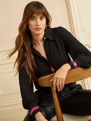 Love & Roses Black Long Sleeve Button Through Sequin Trim Shirt - Image 2 of 4