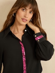 Love & Roses Black Long Sleeve Button Through Sequin Trim Shirt - Image 4 of 4