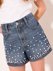 Lipsy Dark Wash Blue Embellished Denim Shorts (7-16yrs) - Image 1 of 5