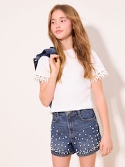 Lipsy Dark Wash Blue Embellished Denim Shorts (7-16yrs) - Image 3 of 5