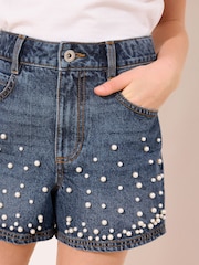 Lipsy Dark Wash Blue Embellished Denim Shorts (7-16yrs) - Image 4 of 5