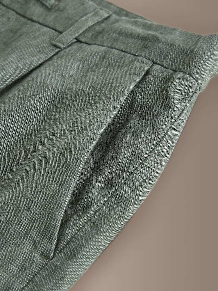 綠色 - 標準款錐形剪裁 - Signature 100% Linen Pleated Chino Trousers - 圖片 4/4