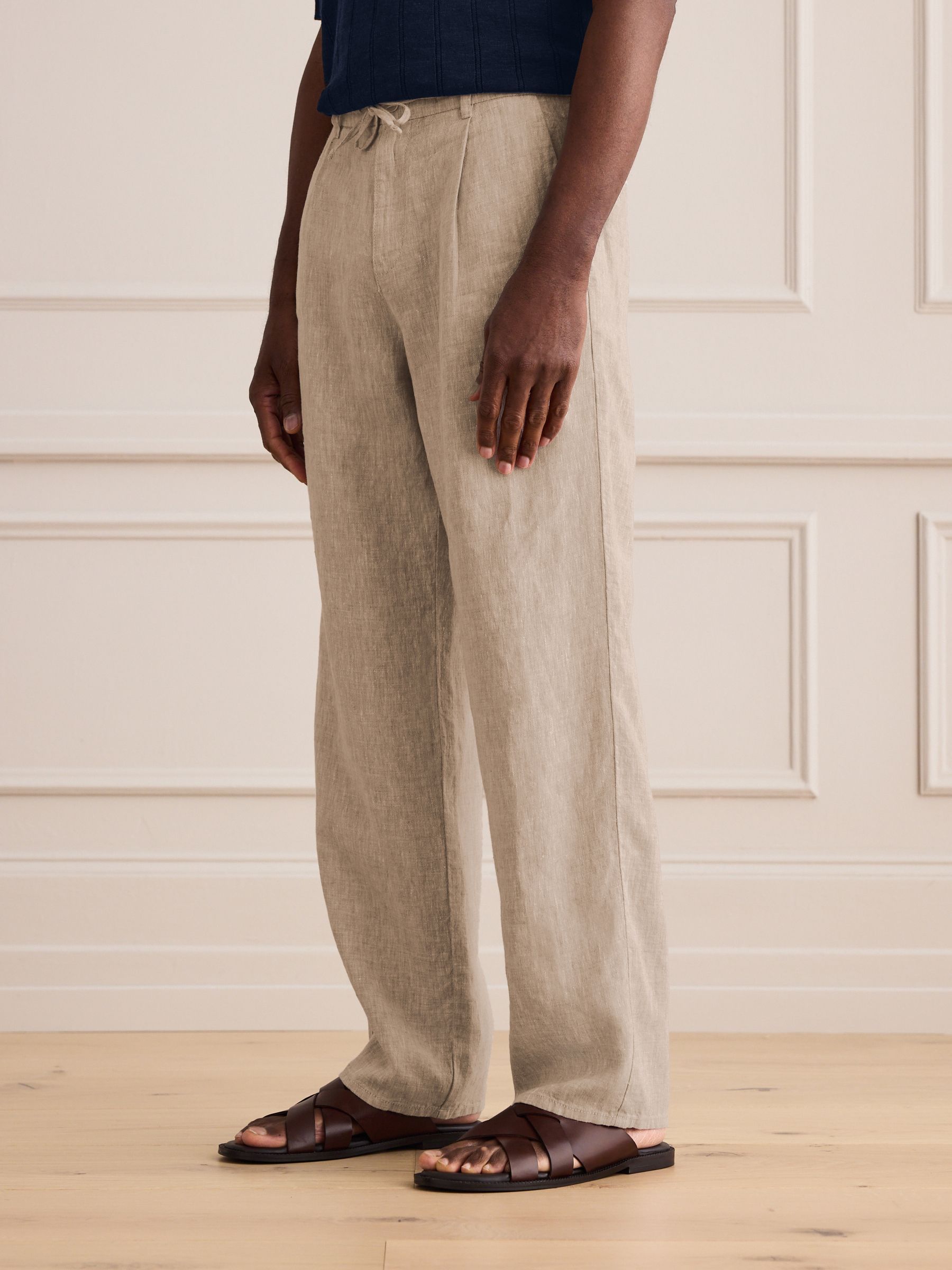 Buy Taupe Brown Relaxed Fit Signature 100% Linen Pleated Chino