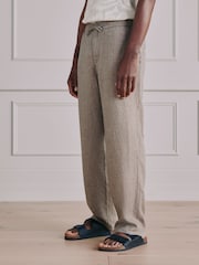 Taupe Brown Relaxed Fit Signature Linen Pleated Chino Trousers - Image 1 of 7