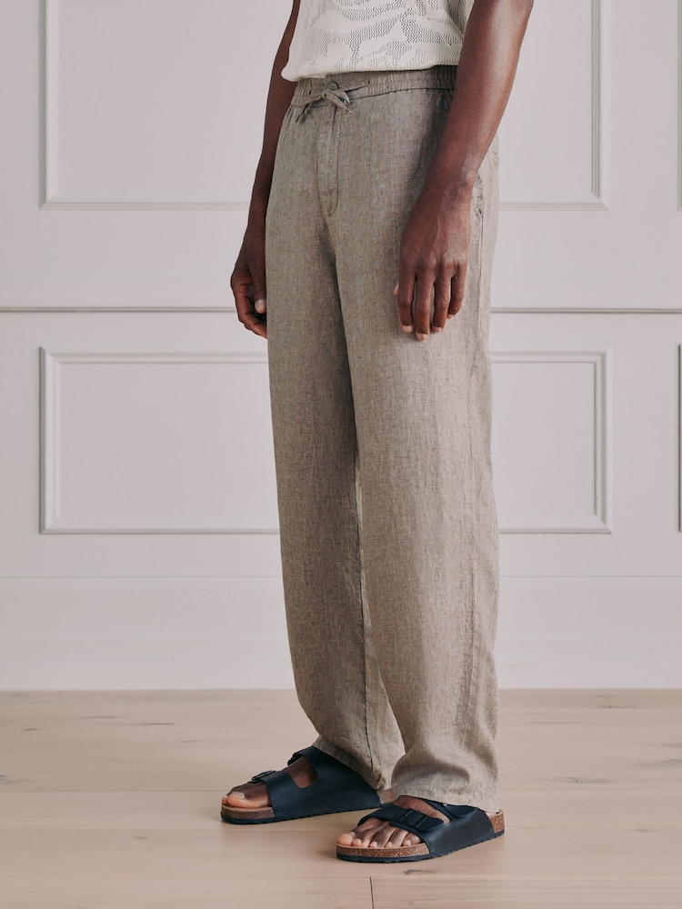 Taupe Brown Relaxed Fit Signature Linen Pleated Chino Trousers - Image 1 of 7