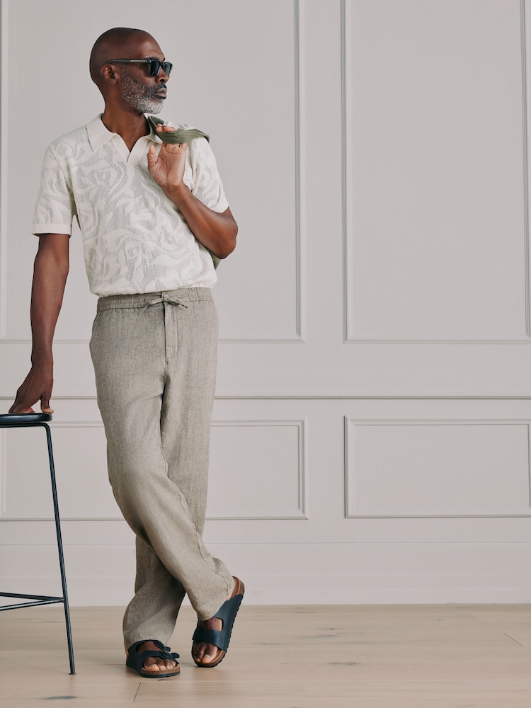 Taupe Brown Relaxed Fit Signature Linen Pleated Chino Trousers - Image 2 of 7
