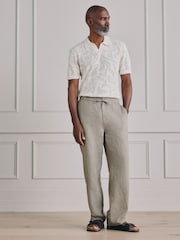 Taupe Brown Relaxed Fit Signature Linen Pleated Chino Trousers - Image 3 of 7