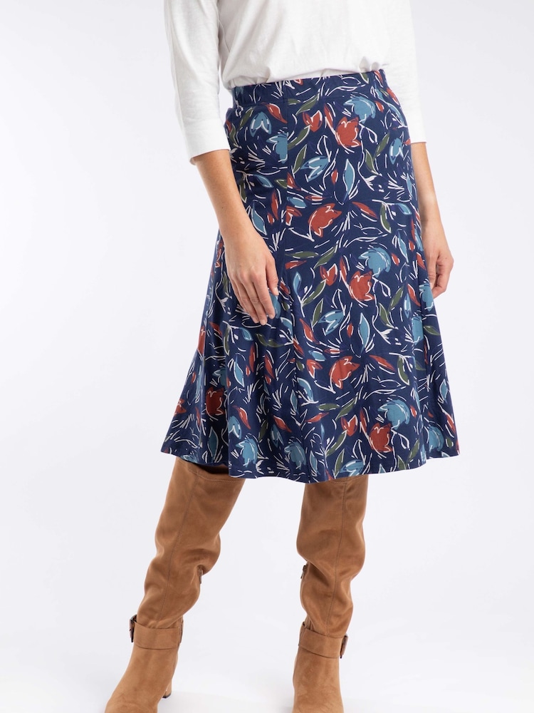 Weird Fish Navy Blue Lorient Printed Jersey Midi Skirt - Image 1 of 6 Weird Fish Navy Blue Lorient Printed Jersey Midi Skirt - Image 1 of 6
