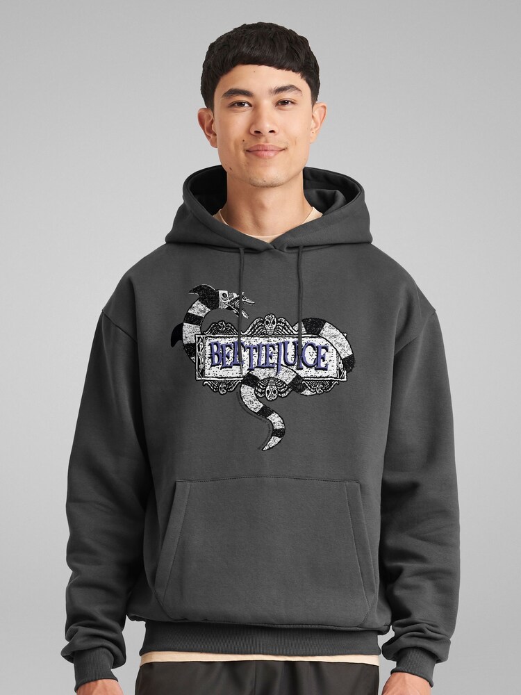 All + Every Grey Beetlejuice Sandworm Text Logo Hooded Sweatshirt - Image 2 of 4 All + Every Grey Beetlejuice Sandworm Text Logo Hooded Sweatshirt - Image 2 of 4