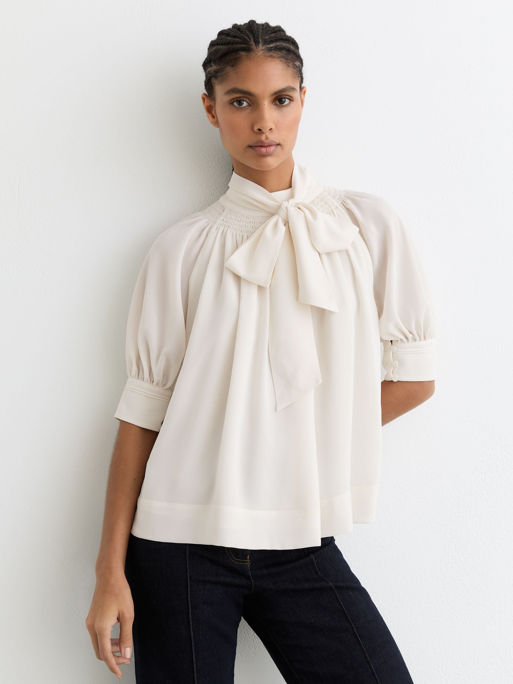 Buy Reiss Ivory Lerina Tie-Neck Short-Sleeve Blouse from Next