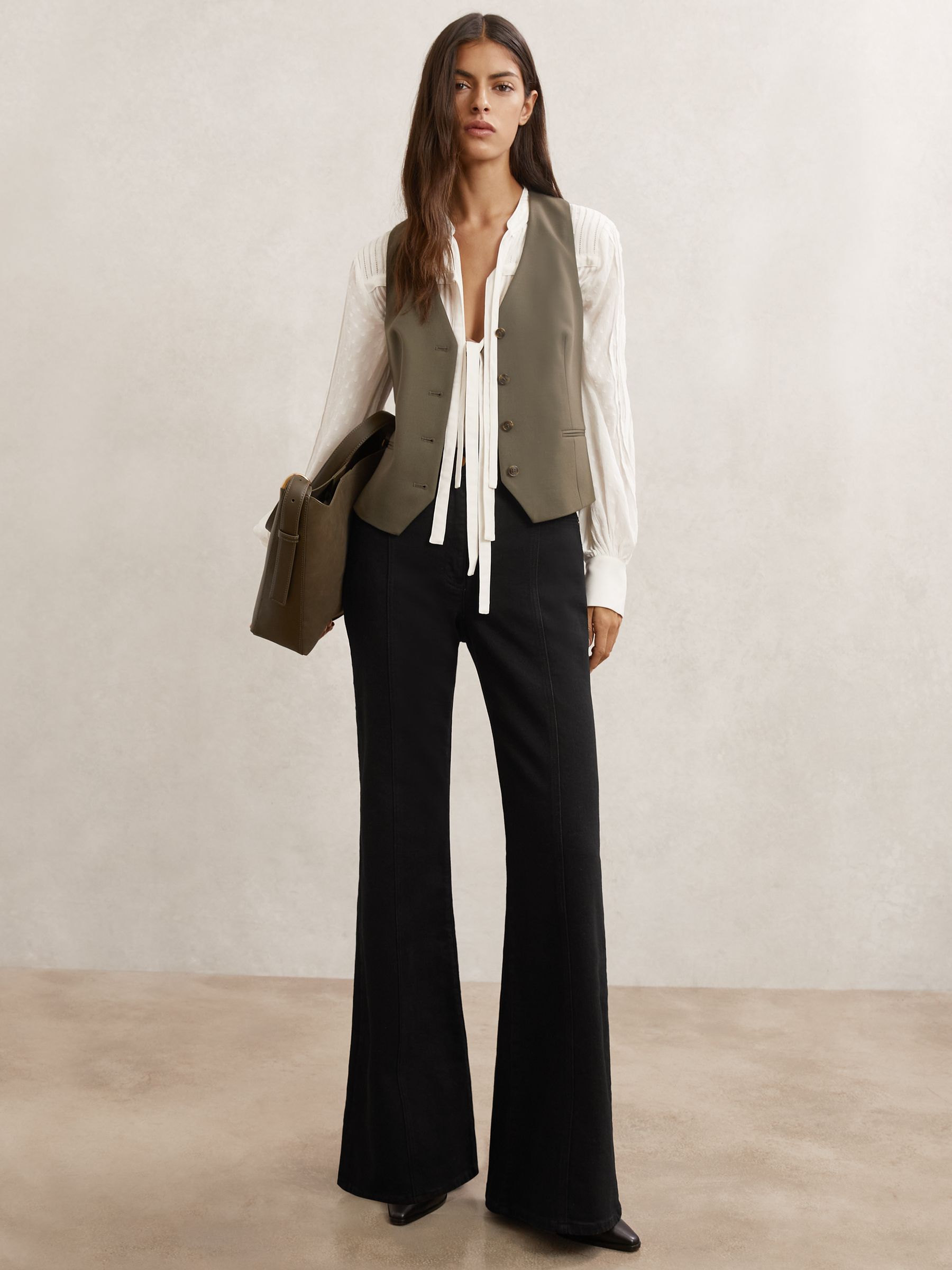 Reiss Black Petite Flared Seam-detail Jeans