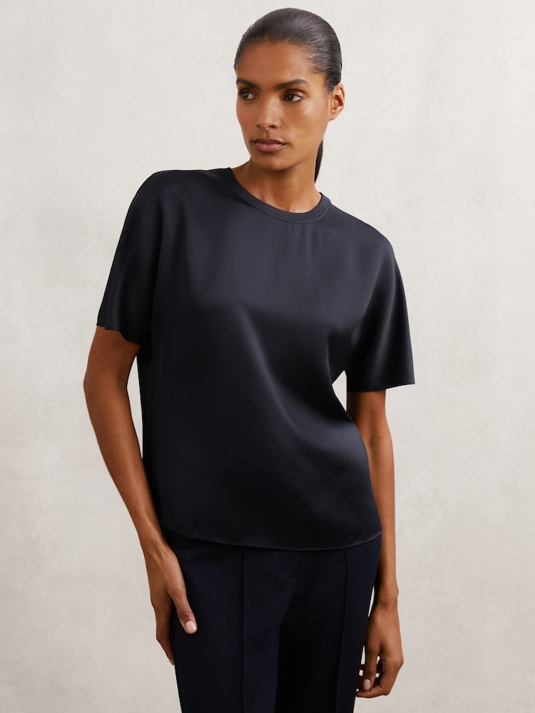 Reiss Navy Lena Silk Short-Sleeve Top - Image 1 of 6 Reiss Navy Lena Silk Short-Sleeve Top - Image 1 of 6