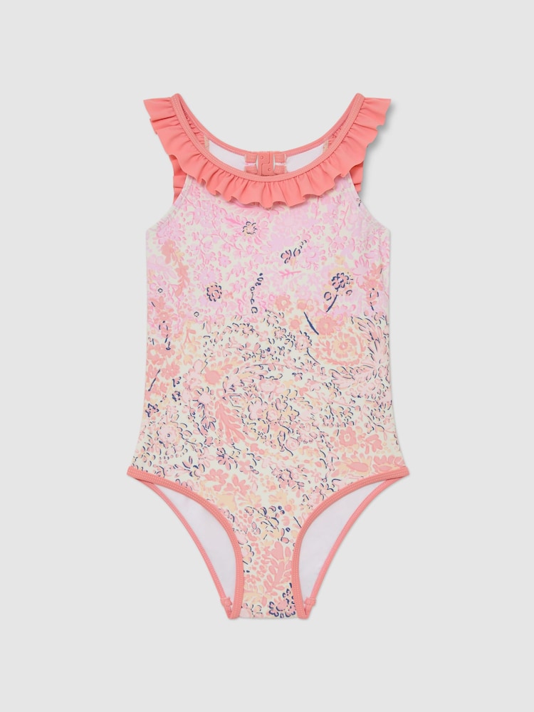 Reiss Pink Print Zuri 3-9 yrs Floral-Print Frill-Trim Swimsuit - Image 1 of 3