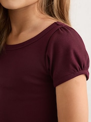 Reiss Burgundy Gracie Stretch-Cotton Ribbed Puff-Sleeve Top - Image 4 of 5