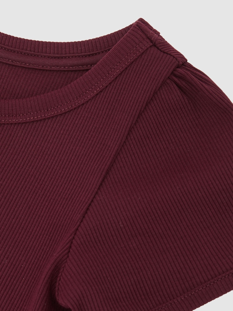 Reiss Burgundy Gracie Stretch-Cotton Ribbed Puff-Sleeve Top - Image 5 of 5