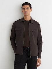 Reiss Chocolate Brown Ascend Technical Zip-Through Overshirt - Image 1 of 7