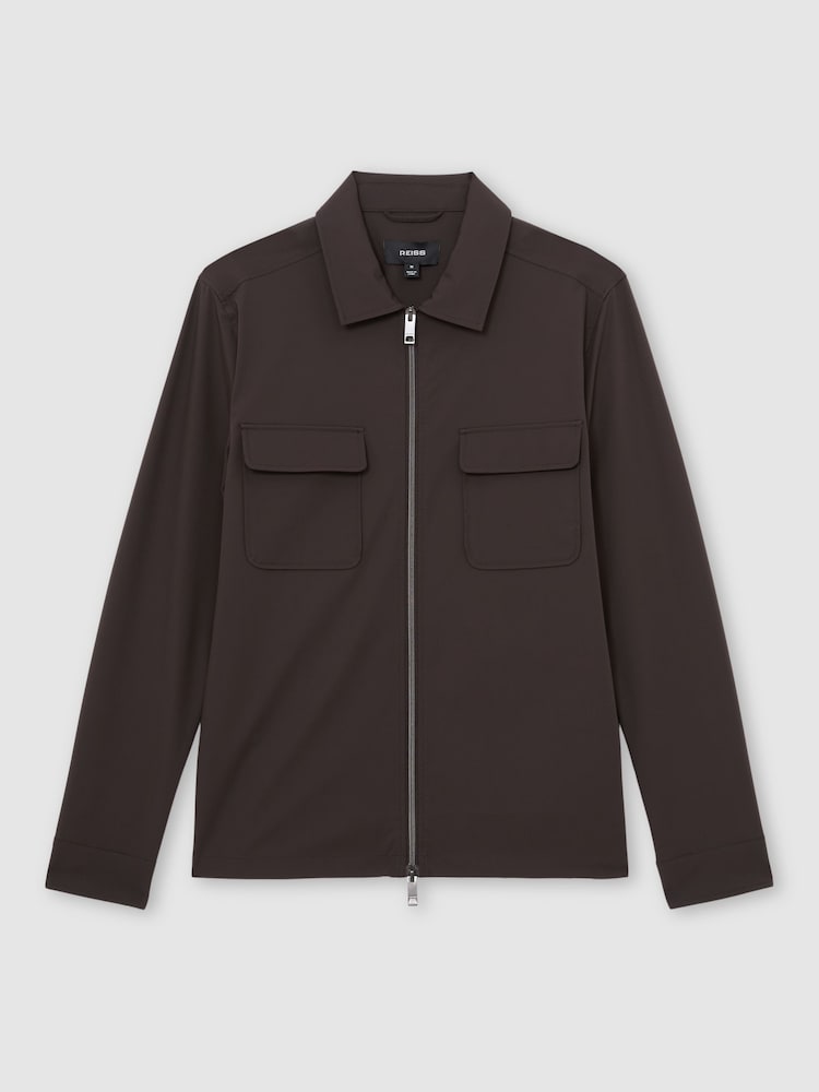 Reiss Chocolate Brown Ascend Technical Zip-Through Overshirt - Image 2 of 7