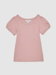 Reiss Pink Gracie Stretch-Cotton Ribbed Puff-Sleeve Top - Image 2 of 4