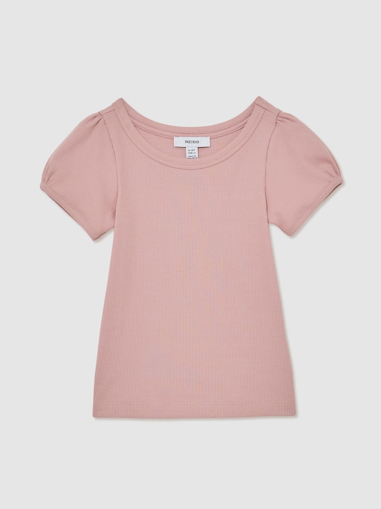 Reiss Pink Gracie Stretch-Cotton Ribbed Puff-Sleeve Top - Image 2 of 4
