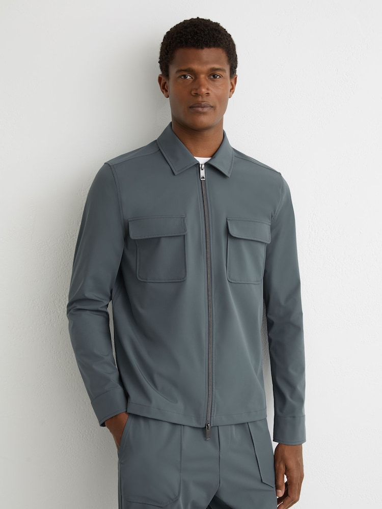 Reiss Airforce Blue Ascend Technical Zip-Through Overshirt - Image 1 of 6