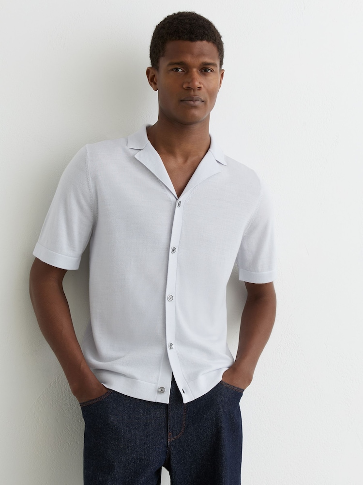 Albastru înghețat - Reiss Grafton Merino Wool Cuban-Collar Shirt - Imaginea 1 din 6