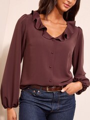 Friends Like These Fig Purple Long Sleeve Button Front Ruffle Blouse - Image 1 of 5