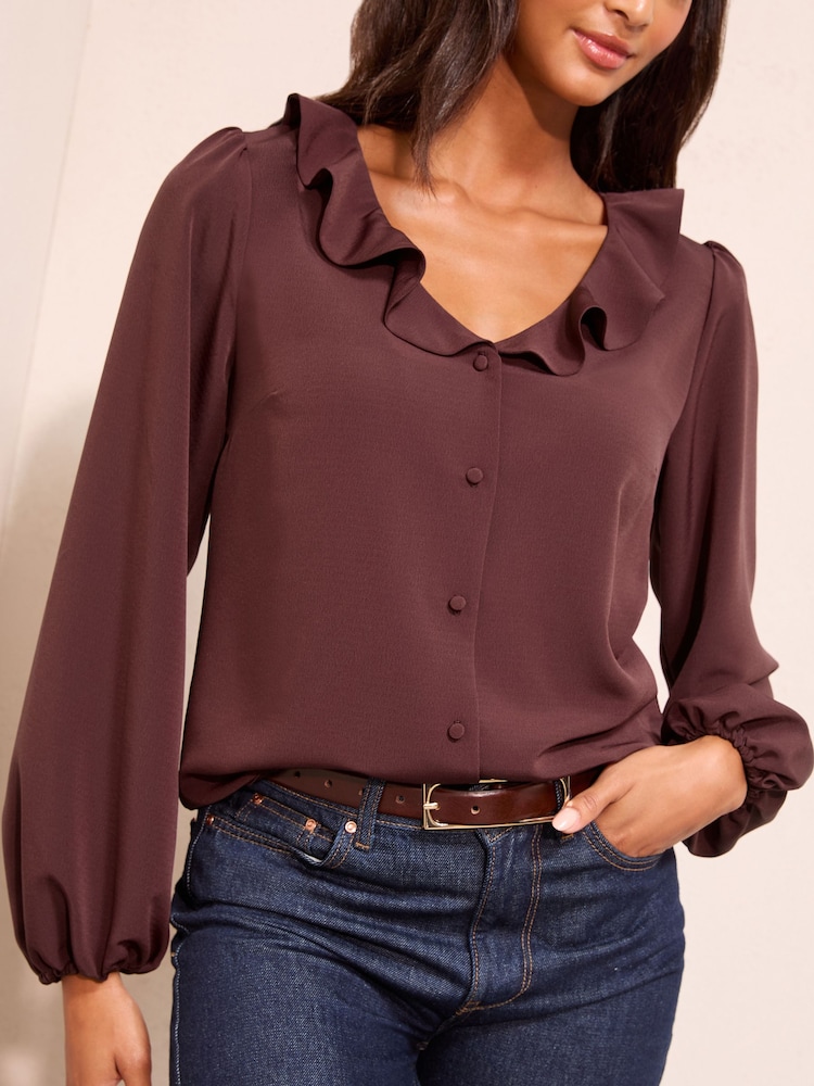 Friends Like These Fig Purple Long Sleeve Button Front Ruffle Blouse - Image 1 of 5
