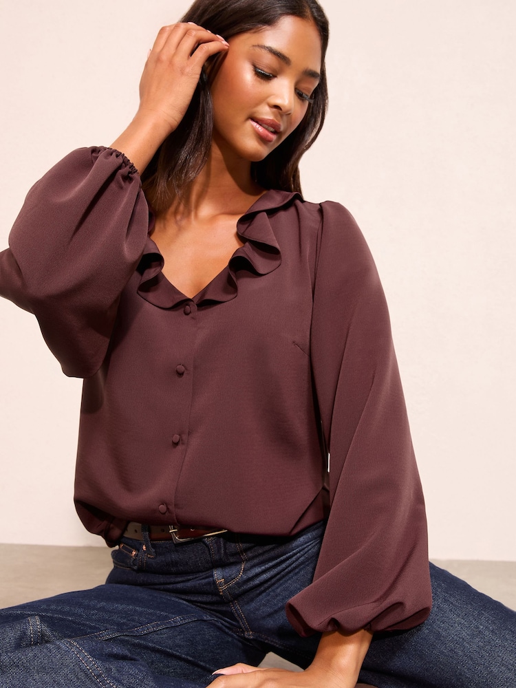 Friends Like These Fig Purple Long Sleeve Button Front Ruffle Blouse - Image 2 of 5