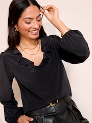 Friends Like These Black Long Sleeve Button Front Ruffle Blouse - Image 1 of 4
