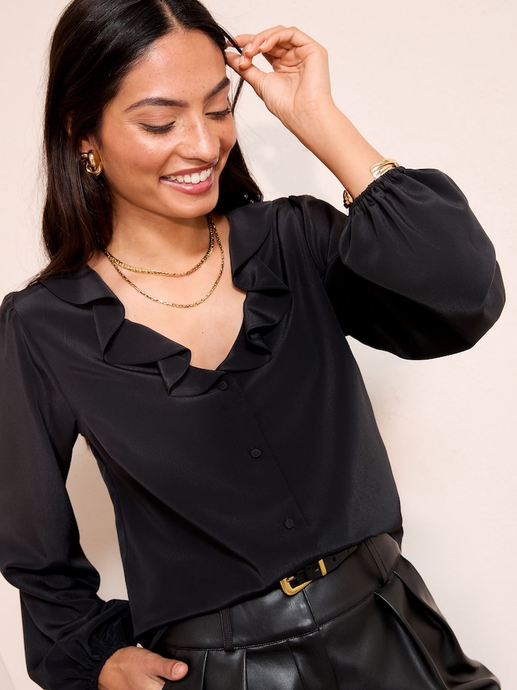 Friends Like These Black Long Sleeve Button Front Ruffle Blouse - Image 1 of 4