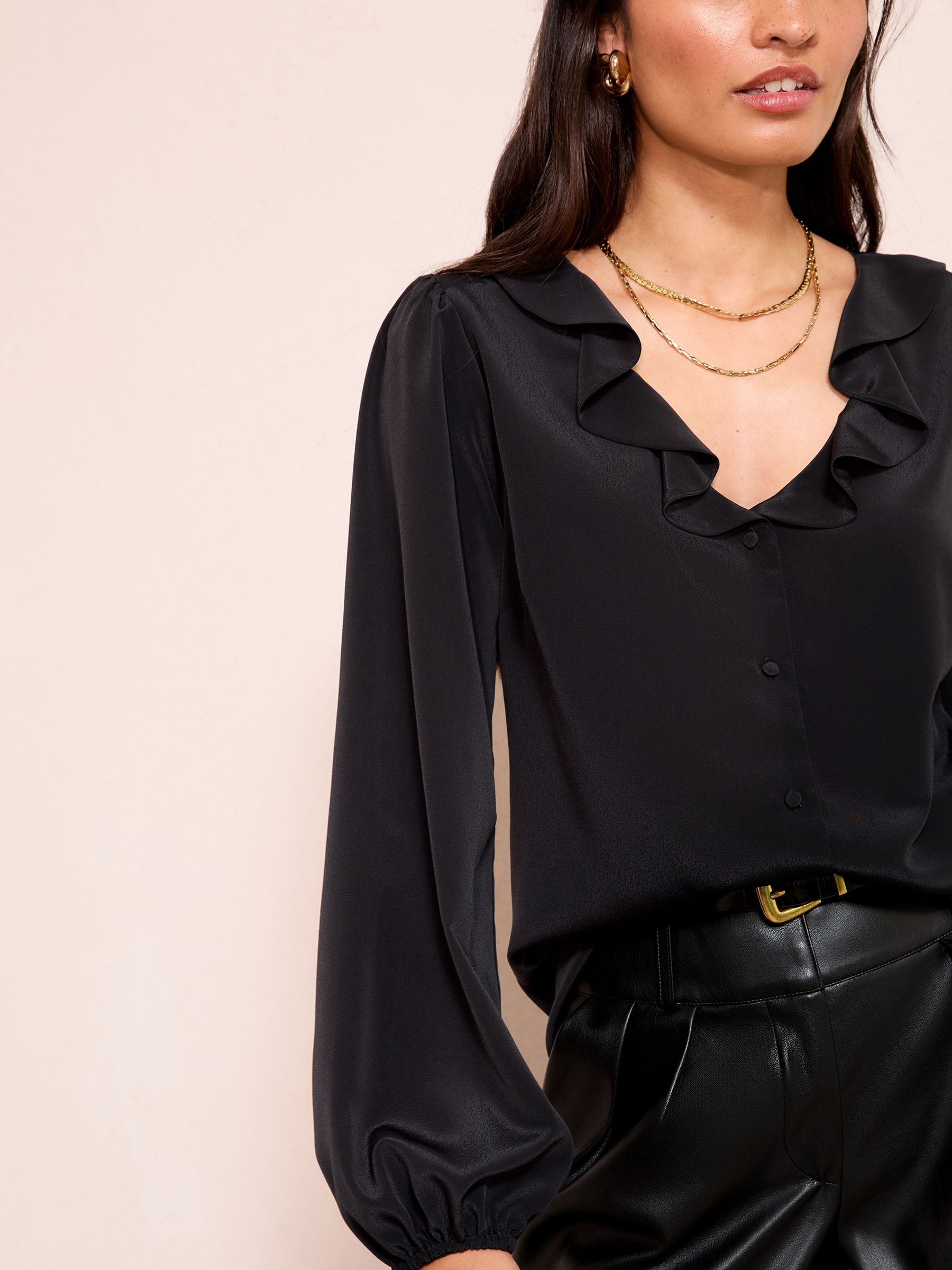 Buy Friends Like These Black Long Sleeve Button Front Ruffle