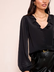 Friends Like These Black Long Sleeve Button Front Ruffle Blouse - Image 2 of 4