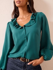 Friends Like These Teal Blue Long Sleeve Button Front Ruffle Blouse - Image 2 of 4