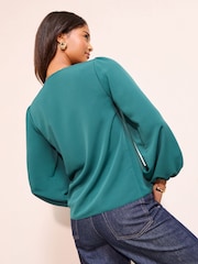 Friends Like These Teal Blue Long Sleeve Button Front Ruffle Blouse - Image 4 of 4