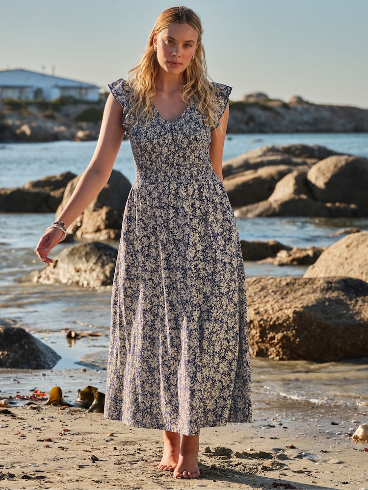 FatFace Demi Blue Shells Jersey Midi Dress - Image 1 of 7