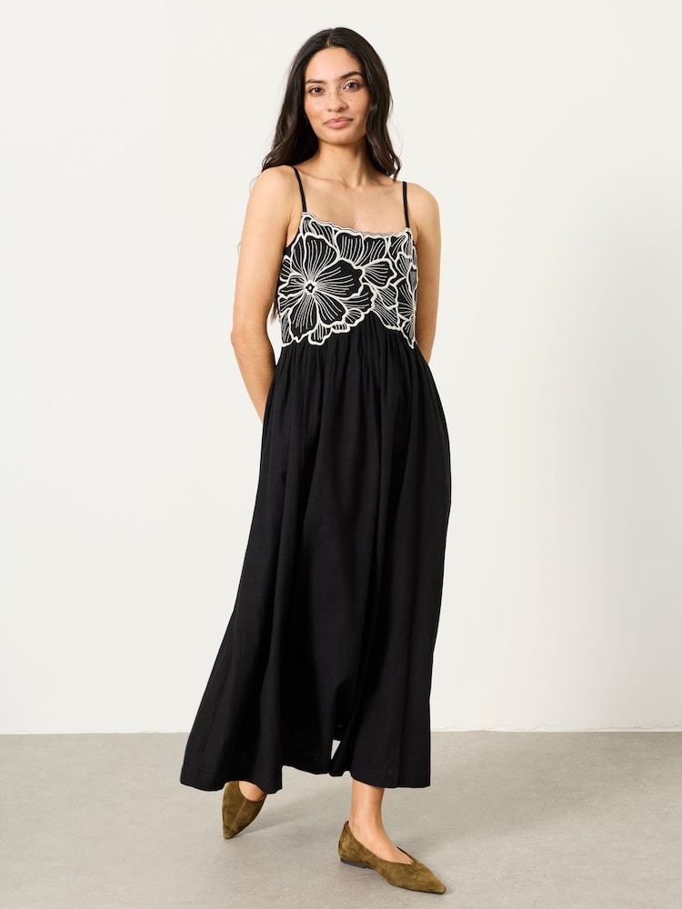 FatFace Hazel Black Embroidered Midi Dress - Image 1 of 5 FatFace Hazel Black Embroidered Midi Dress - Image 1 of 5