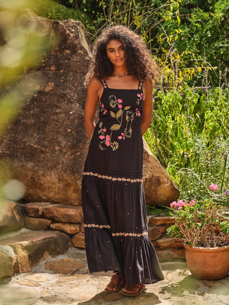 FatFace Gia Black Embroidered Maxi Dress - Image 1 of 7