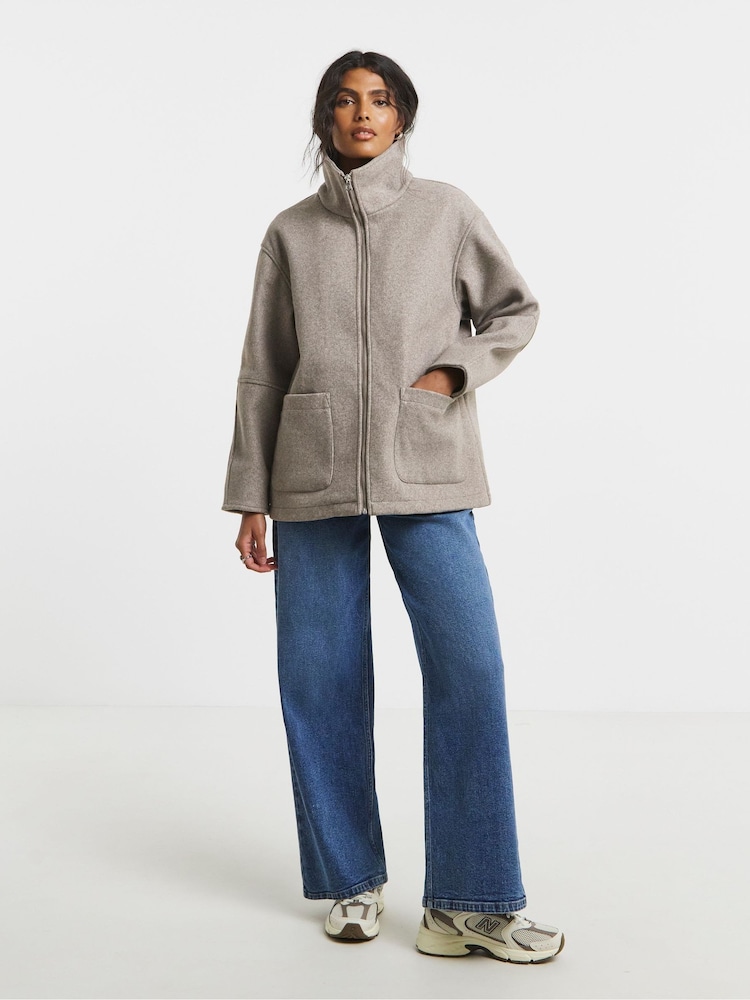 Simply Be Brown Zip Through Funnel Neck Jacket - Image 1 of 4 Simply Be Brown Zip Through Funnel Neck Jacket - Image 1 of 4