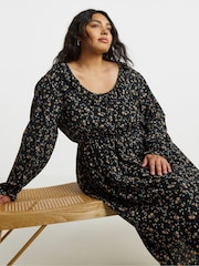 Simply Be Black Frill Neck Detail Midi Dress - Image 3 of 4