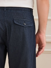 Navy Relaxed Tapered Fit Signature Heritage Cotton Striped Twin Pleat Trousers - Image 6 of 11