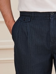 Navy Relaxed Tapered Fit Signature Heritage Cotton Striped Twin Pleat Trousers - Image 7 of 11