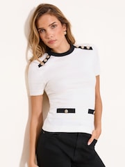 Lipsy Ivory White Buttoned Ribbed Crew Neck Short Sleeve Knit Top - Image 2 of 4